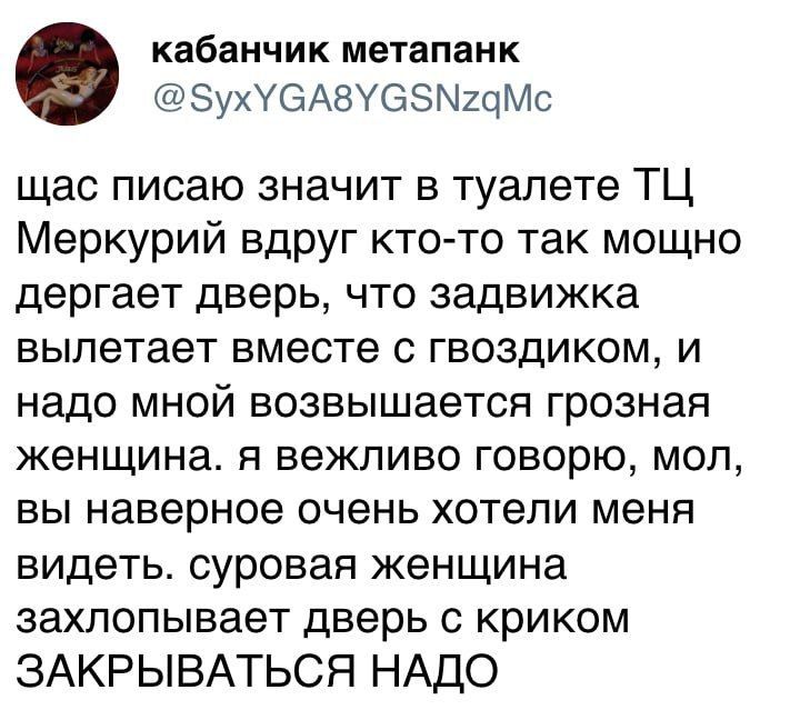 щас пишaю значит в туалете ТЦ Меркурий вдруг кто-то так мощно дергает дверь, что задвижка вылетает вместе с гвоздиком, и надо мной возвышается грозная женщина. я вежливо говорю, мол, вы наверняка очень хотели меня видеть. суровая женщина захлопывает дверь с криком ЗАКРЫВАТЬСЯ НАДО