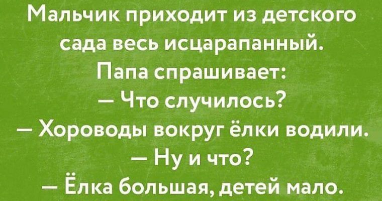 Мальчик приходит из детского сада весь исцарапанный. Папа спрашивает:\n— Что случилось?\n— Хороводы вокруг ёлки водили.\n— Ну и что?\n— Ёлка большая, детей мало.
