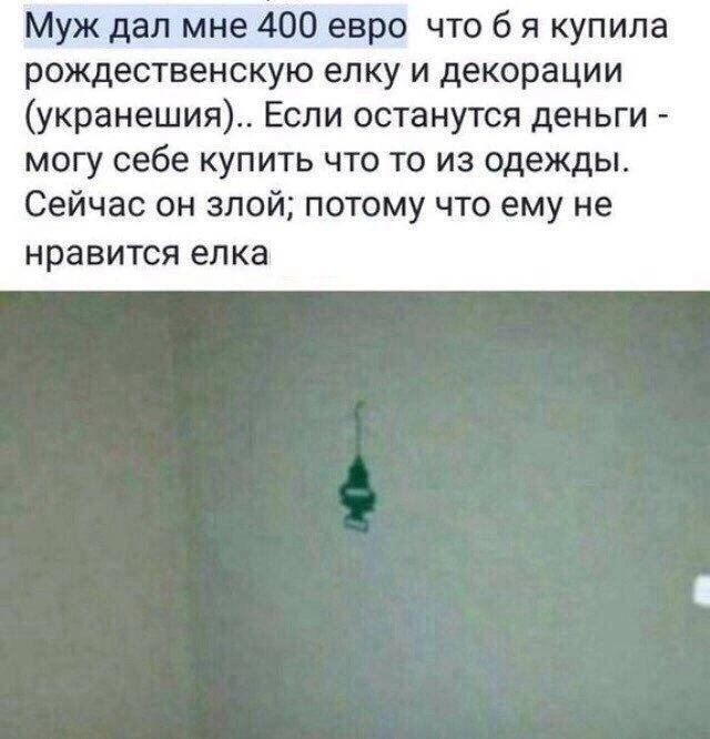 Муж дал мне 400 евро что б я купила рождественскую елку и декорации (украшения).. Если останутся деньги - могу себе купить что то из одежды. Сейчас он злой; потому что ему не нравится елка