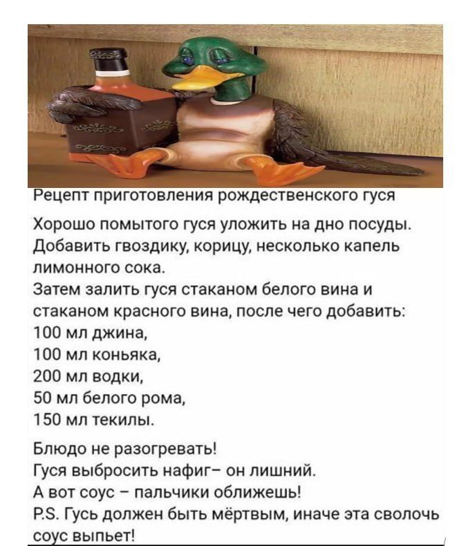 Рецепт приготовления рождественского гуся Хорошо помыть гуся уложить на дно посуды. Добавить гвоздику, корицу, несколько капель лимонного сока. Затем залить гуся стаканом белого вина и стаканом красного вина, после чего добавить: 100 мл джина, 100 мл коньяка, 200 мл водки, 50 мл белого ромa, 150 мл текилы. Блюдо не разогревать! Гуся выбросить нафиг — он лишний. А вот соус – пальчики облипешь! P.S. Гуся должен быть мёртвым, иначе эта сволочь соус вылетит!