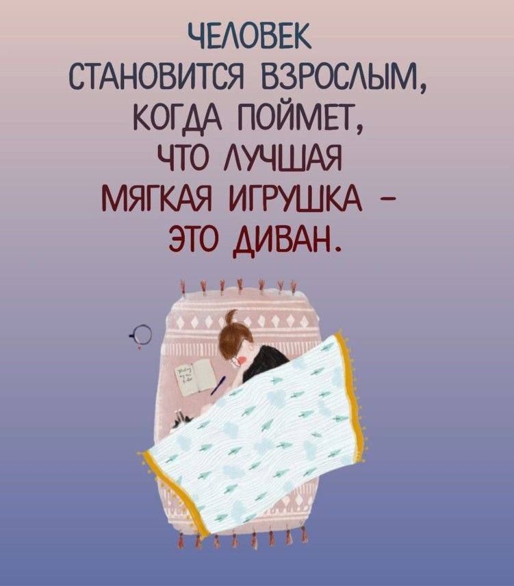 ЧЕЛОВЕК СТАНОВИТСЯ ВЗРОСЛЫМ, КОГДА ПОЙМЕТ, ЧТО ЛУЧШАЯ МЯГКАЯ ИГРУШКА - ЭТО ДИВАН.