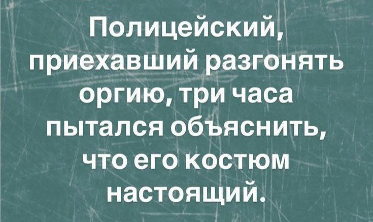 Полицейский, приехавший разгонять оргию, три часа пытался объяснить, что его костюм настоящий.