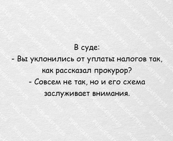 В суде:
- Вы уклонились от уплаты налогов так, как рассказал прокурор?
- Совсем не так, но и его схема заслуживает внимания.