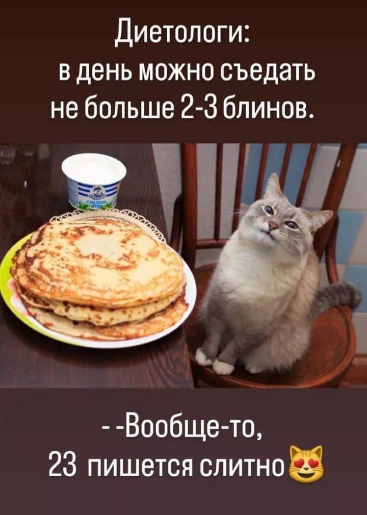 Диетологи: в день можно съесть не больше 2-3 блинов. 
--Вообще-то, 23 пишется слитно 😺