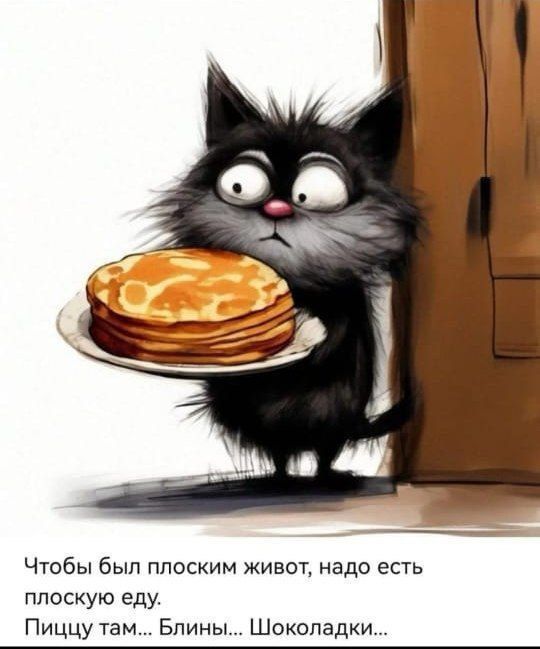 Чтобы был плоским живот, надо есть плоскую еду. Пиццу там... Блины... Шоколадки...