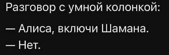 Разговор с умной колонкой:\n— Алиса, включи Шамана.\n— Нет.