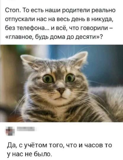 Стоп. То есть наши родители реально отпускали нас на весь день в никуда, без телефона... и всё, что говорили – «главное, будь дома до десяти»?
Да, с учётом того, что и часов то у нас не было.