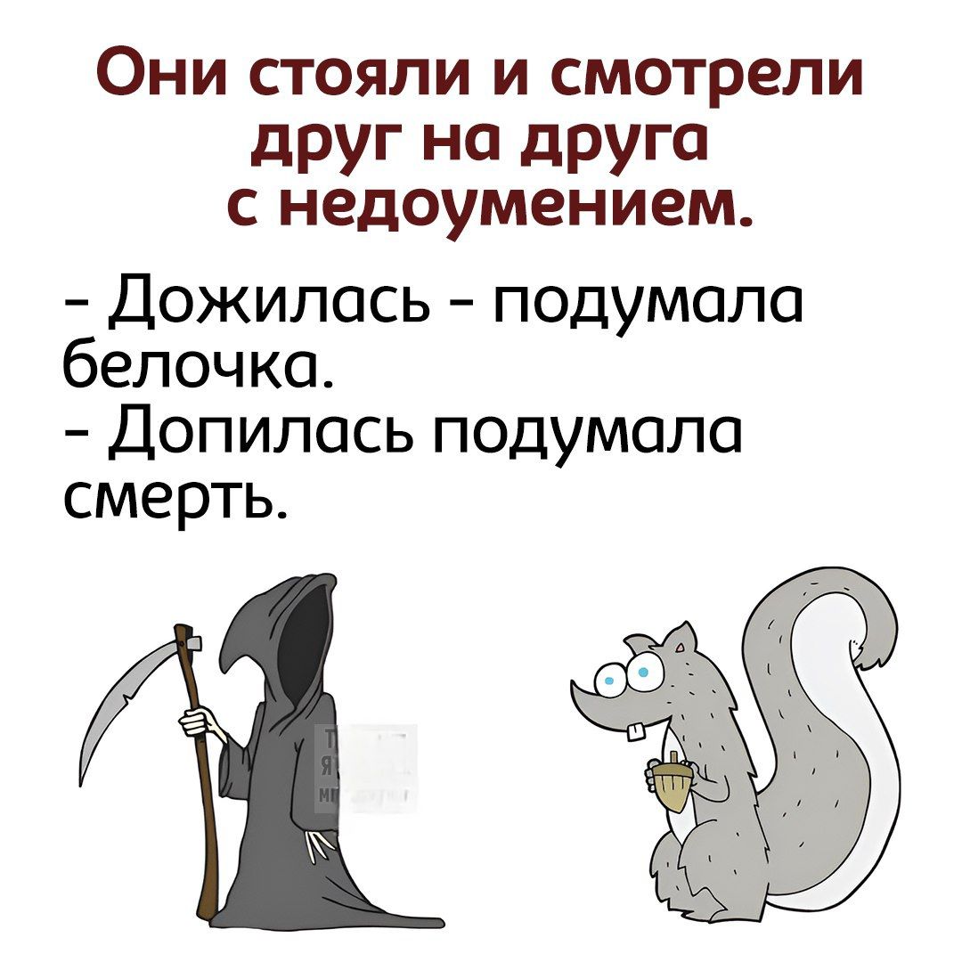 Они стояли и смотрели друг на друга с недоумением. - Дожилась - подумала белочка. - Допилась подумала смерть.