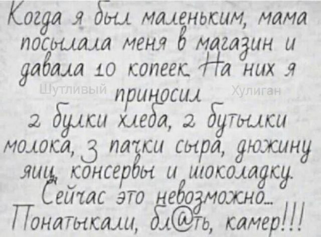 Когда я был маленьким, мама посылала меня в магазин и давала 10 копеек. На них я приносил 2 бу́лки хлеба, 2 бутылки молока, 3 пачки сыра, дюжину яиц, консервы и шоколадку. Сейчас это невозможно... Понять как бы, камер!!!