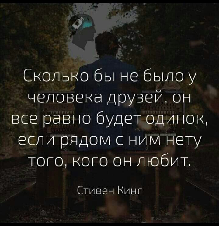 Сколько бы не было у человека друзей он все равно будет одинок если рядом с ним нету того кого он любит Стивен Кинг