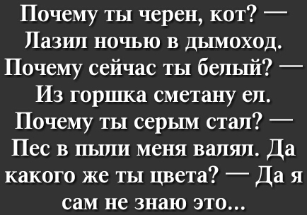 Почему ты черен кот Пазип ночью в дымоход Почему сейчас ты белый Из горшка сметану еп Почему ты серым стал Пес в пыли меня вапяп Да какого же ты цвета Да я сам не знаю это