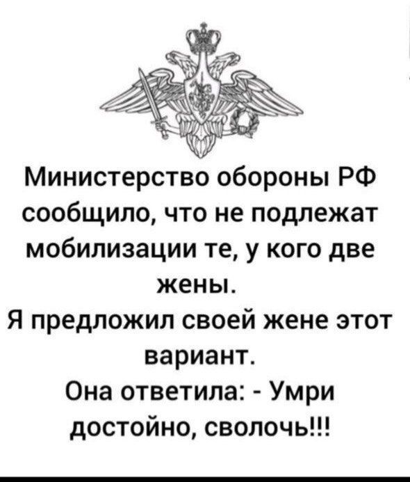 Министерство обороны РФ сообщило что не подлежат мобилизации те у кого две жены Я предложил своей жене этот вариант Она ответила Умри достойно сволочь