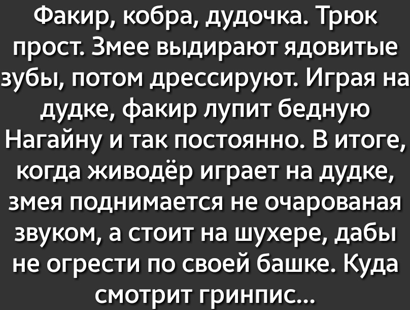 Факир кобра дудочка Трюк прост Змее выдирают ядовитые зубы потом дрессируют Играя на дудке факир лупит бедную Нагайну и так постоянно В итоге когда живодёр играет на дудке змея поднимается не очарованая звуком а стоит на шухере дабы не огрести по своей башке Куда смотрит гринпис