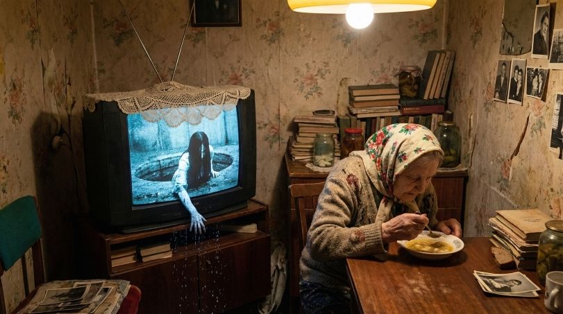 Старая женщина за столом в уютной, старой комнате возле телевизора