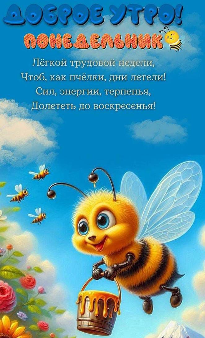 ДОБРОЕ УТРО!
ПОНЕДЕЛЬНИК
Лёгкой трудовой недели,
Чтоб, как пчёлки, дни летели!
Сил, энергии, терпенья,
Долететь до воскресенья!