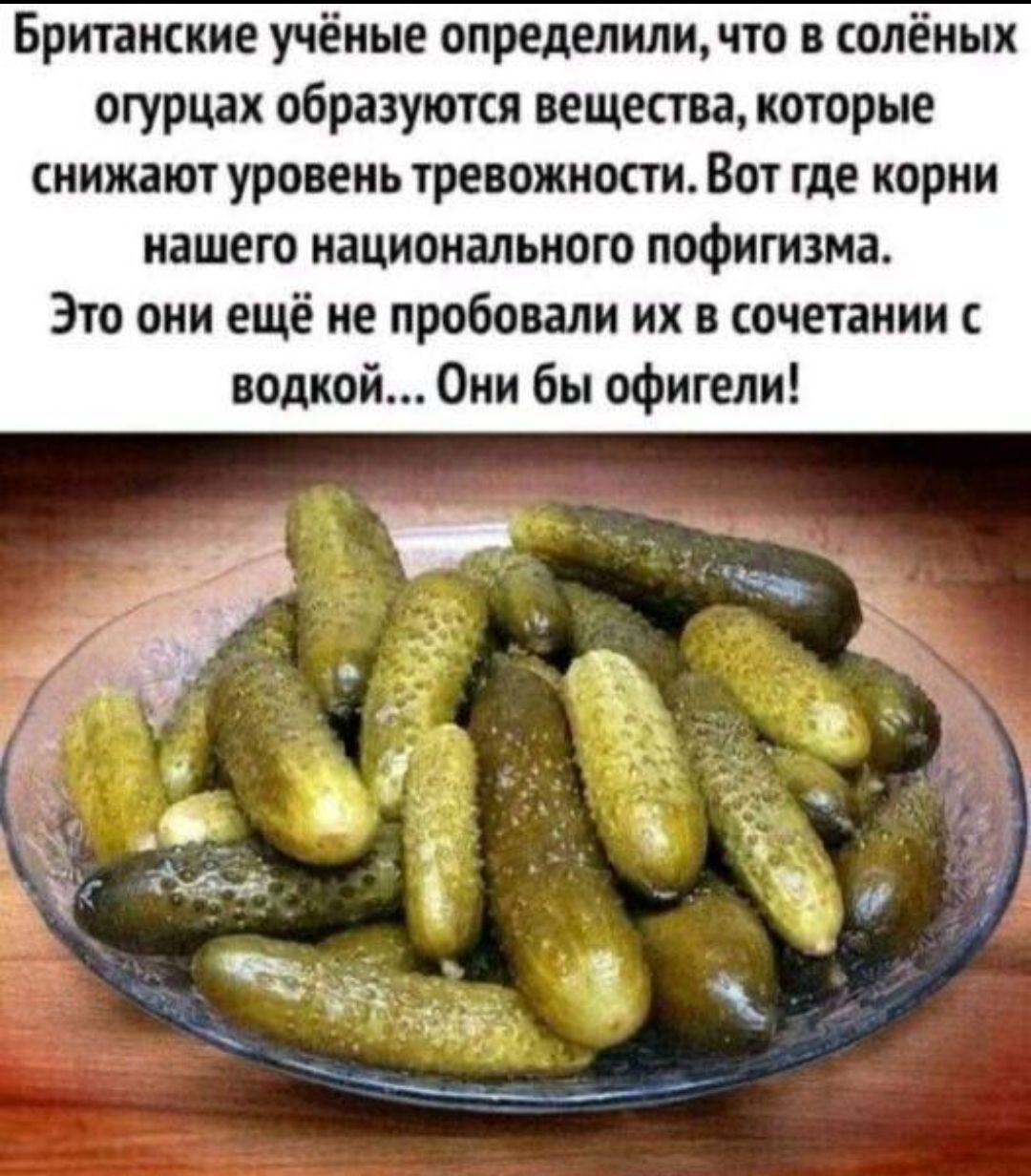 Британские учёные определили, что в солёных огурцах образуются вещества, которые снижают уровень тревожности. Вот где корни нашего национального пофигизма. Это они ещё не пробовали их в сочетании с водкой... Они бы офигели!