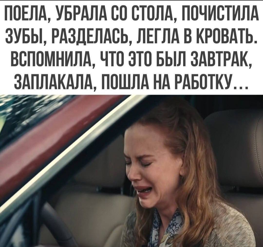 ПОЕЛА, УБРАЛА СО СТОЛА, ПОЧИСТИЛА ЗУБЫ, РАЗДЕЛАСЬ, ЛЕГЛА В КРОВАТЬ. ВСПОМНИЛА, ЧТО ЭТО БЫЛ ЗАВТРАК, ЗАПЛАКАЛА, ПОШЛА НА РАБОТКУ…