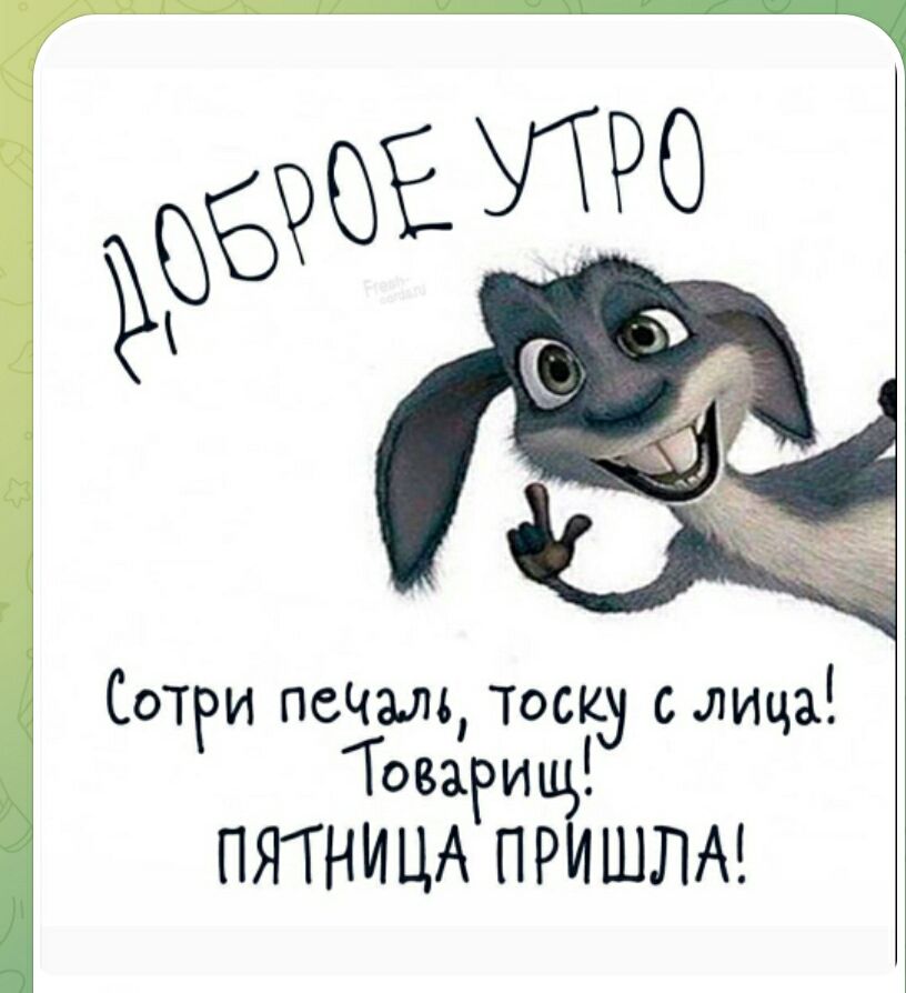 ДОБРОЕ УТРО
Сотри печаль, тоску с лица! Товарищ! ПЯТНИЦА ПРИШЛА!