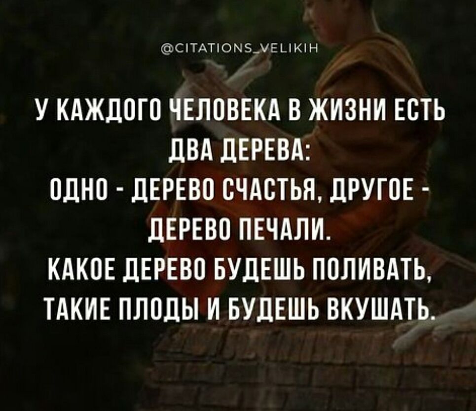 У каждого человека в жизни есть два дерева: одно - дерево счастья, другое - дерево печали. Какое дерево будешь поливать, такие плоды и будешь вкушать.