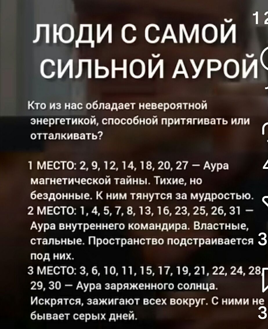 ЛЮДИ С САМОЙ СИЛЬНОЙ АУРОЙ\nКто из нас обладает невероятной энергетикой, способной притягивать или отталкивать?\n1 МЕСТО: 2, 9, 12, 14, 18, 20, 27 — Аура магнетической тайны. Тихие, но бездонные. К ним тянутся за мудростью.\n2 МЕСТО: 1, 4, 5, 7, 8, 13, 16, 23, 25, 26, 31 — Аура внутреннего командира. Властные, стальные. Пространство подстраивается под них.\n3 МЕСТО: 3, 6, 10, 11, 15, 17, 19, 21, 22, 24, 28, 29, 30 — Аура заряженного солнца. Искрятся, зажигают всех вокруг. С ними не бывает серых дней.