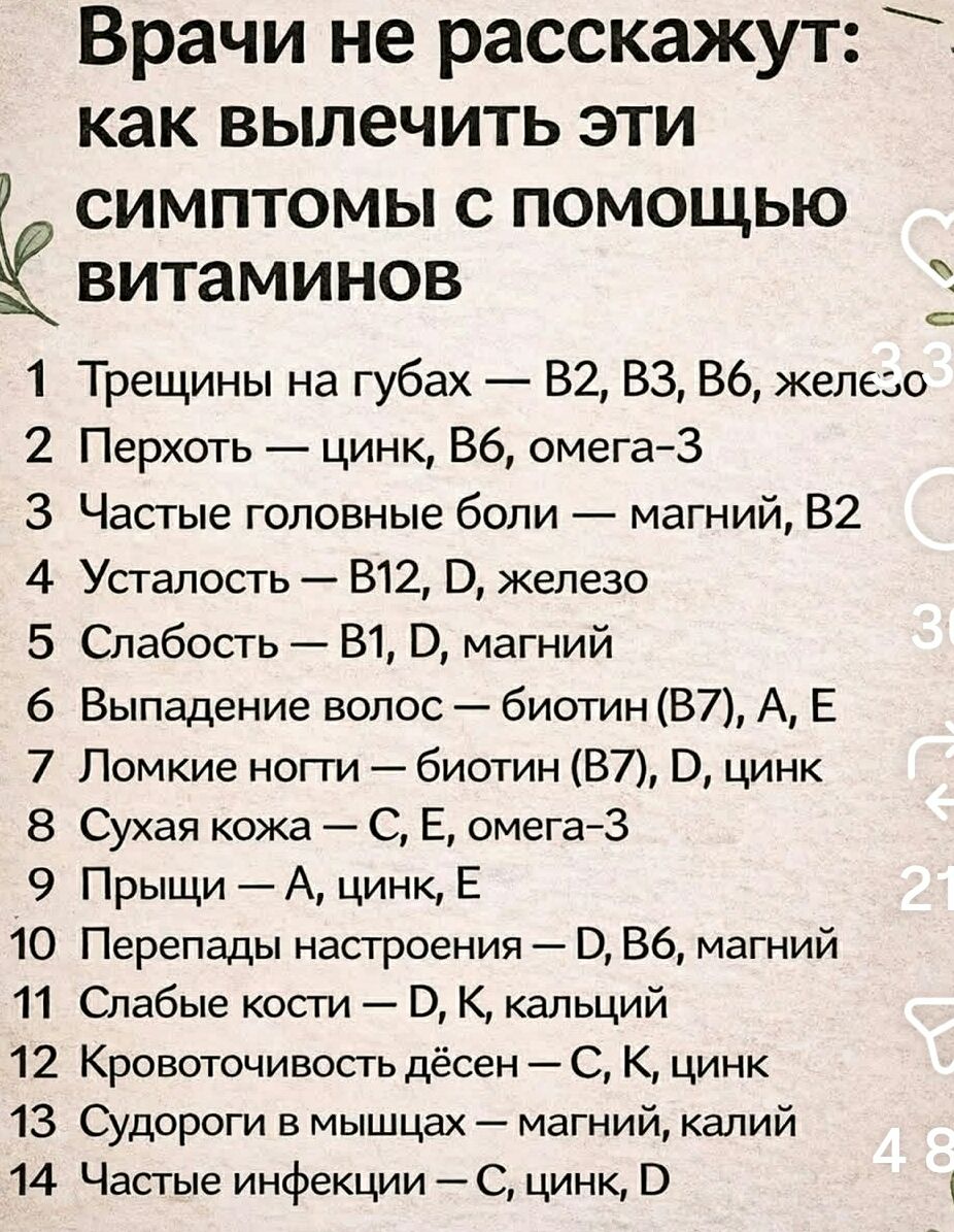 Врачи не расскажут: как вылечить эти симптомы с помощью витаминов. 1 Трещины на губах — B2, B3, B6, железо. 2 Перхоть — цинк, B6, омега-3. 3 Частые головные боли — магний, B2. 4 Усталость — B12, D, железо. 5 Слабость — B1, D, магний. 6 Выпадение волос — биотин (B7), A, E.