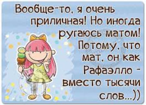 Вообще то я очень приличная Но иногда ругаюсь матом Потому что мат он как Рафаэлло вместо тысячи слов