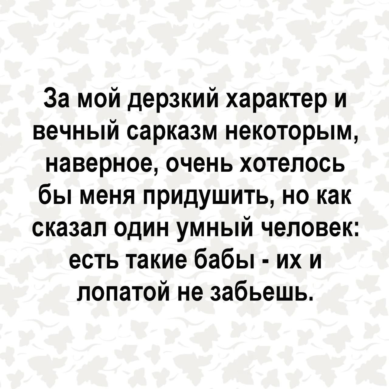 За мой дерзкий характер и вечный сарказм некоторым наверное очень хотелось бы меня придушить но как сказал один умный человек есть такие бабы их и лопатой не забьешь