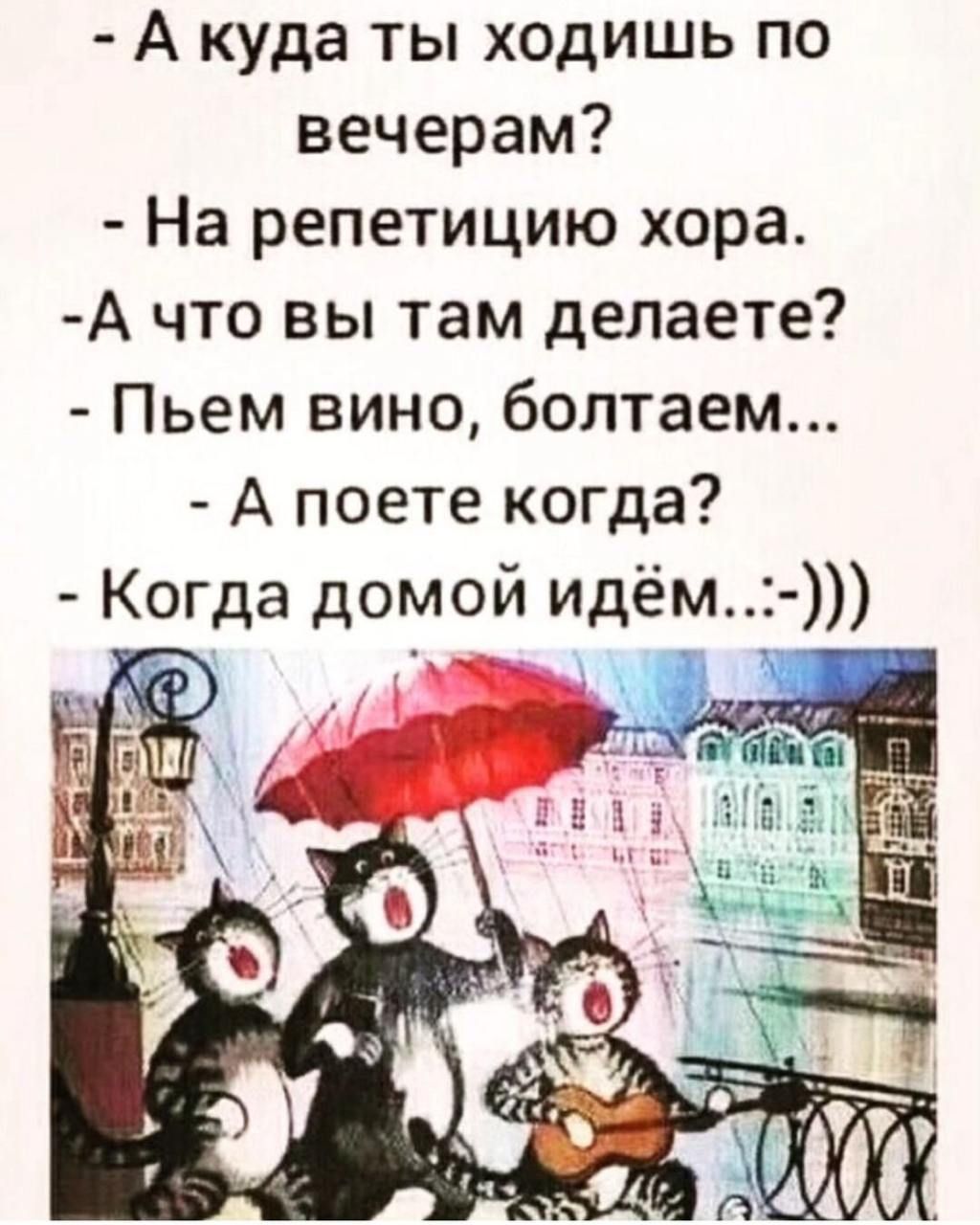 А куда ты ходишь по вечерам На репетицию хора А что вы там делаете Пьем вино болтаем А поете когда Когда домой идём