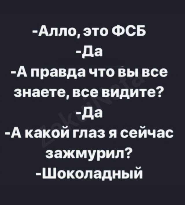 Алло это ФСБ да А правда что вы все знаете все видите да А какой глаз я сейчас зажмурил Шоколадный