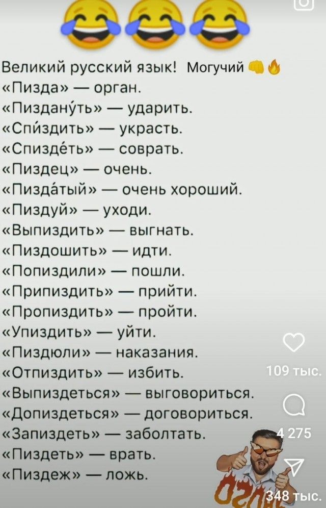 Великий русский язык Могучий Пизда орган Пиздануть ударить Спйздить украсть Спиздёть соврать Пиздец очень Пиздатый очень хороший Пиздуй уходи Выпиздить выгнать Пиздошить идти Попиздили пошли Припиздить прийти Пропиздить пройти Упиздить уйти Пиздюли наказания Отпиздить избить Выпиздеться выговориться Допиздеться договориться Запиздеть заболтать Пизд