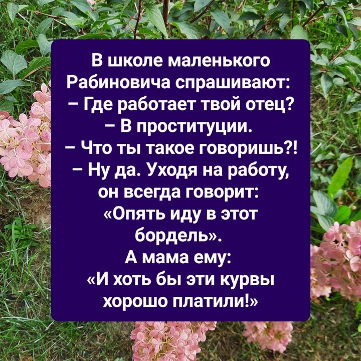 В школе маленького Рабиновича спрашивают Где работает твой отец В проституции Что ты такое говоришь Ну да Уходя на работу он всегда говорит Опять иду в этот бордель Амама ему И хоть бы эти курвы хорошо платилиЪ