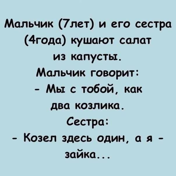 Мальчик 7лет и его сестра 4года кушают салат из капусты Мальчик говорит Мы с тобой как два козлика Сестра Козел здесь один а я зайка