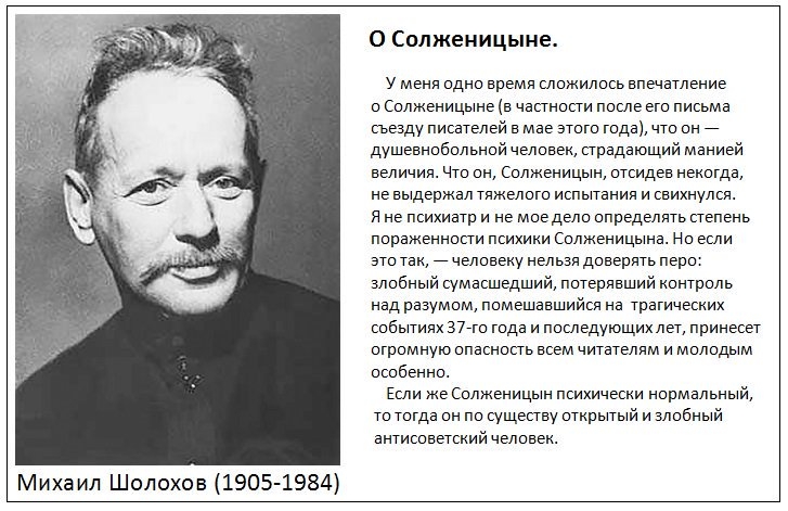 Михаил Шолохов 1905 1984 0 Солженицыне у меня сднс время тажилисьвпечатение Силженицыне в частнссти пссле его письма съезду писателей в мае этого года чта сн _ душевнибильний человек страдающий манией величия Чт вн Силженицын стсидев нехвтда не выдержал тажелвтс испытания и свихнулсв я не психиатр и не мведелв спределхть степень псраженнвсти психихи Снлженицына На если эта тах _ целсвеху нельзя дп
