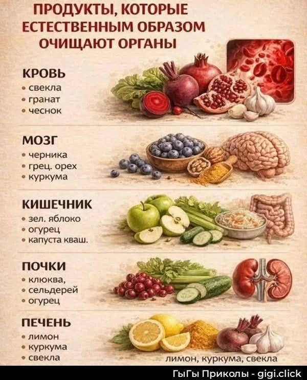ПРОДУКТЫ, КОТОРЫЕ ЕСТЕСТВЕННЫМ ОБРАЗОМ ОЧИЩАЮТ ОРГАНЫ КРОВЬ: свекла, гранат, чеснок. МОЗГ: черника, грец. орех, куркума. КИШЕЧНИК: зел. яблоко, огурец, капуста кваш. ПОЧКИ: клюква, сельдерей, огурец. ПЕЧЕНЬ: лимон, куркума, свекла.