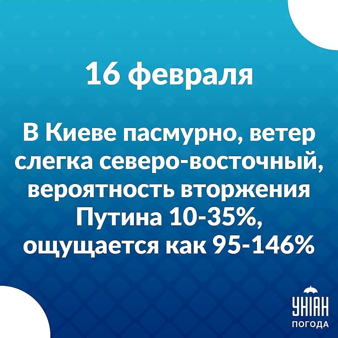 В Киеве пасмурно ветер слегка северо восточный вероятность вторжения Путина 10 35 ощущается как 95 146 16 февраля