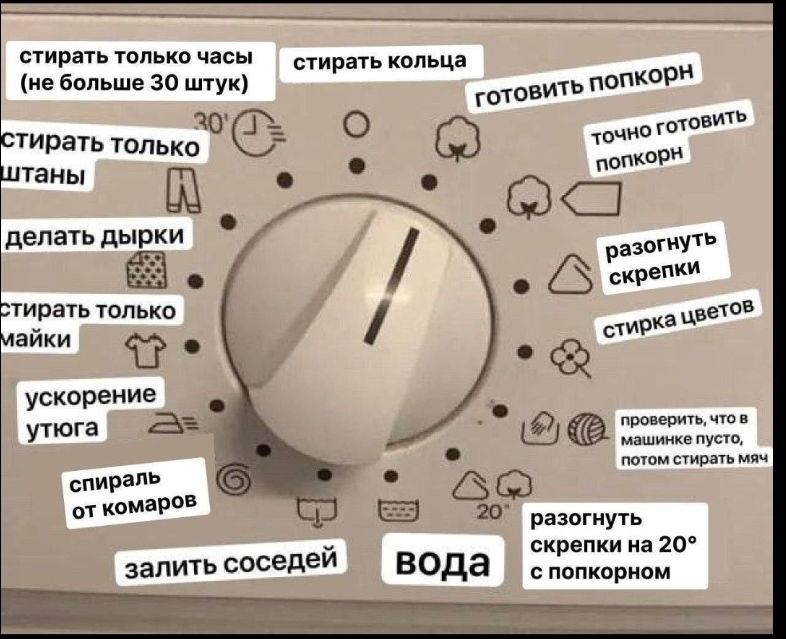 стирать только часы (не больше 30 штук)
стирать кольца
готовить попкорн
точно готовить попкорн
разогреть скрепки
стирать цветки
ускорение утюга
залить соседей
 spiral от комаров
разогреть скрепки на 20° с попкорном