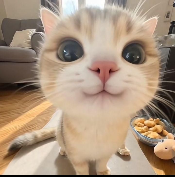 Крупный план милого котёнка с большими глазами на фоне домашней обстановки.