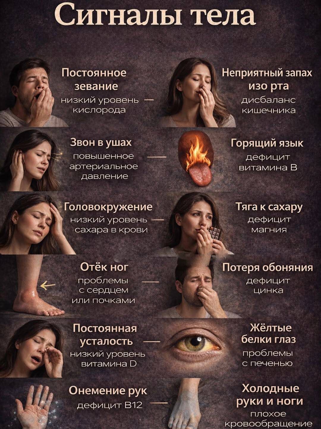 Сигналы тела
Постоянное зевание — низкий уровень кислорода
Звон в ушах — повышенное давление
Горящий язык — дефицит витамина B
Головокружение — низкий сахар
Потеря обоняния — дефицит цинка
Постоянная усталость — дефицит витамина D
Онемение рук — дефицит В12
Холодные руки и ноги — плохое кровообращение