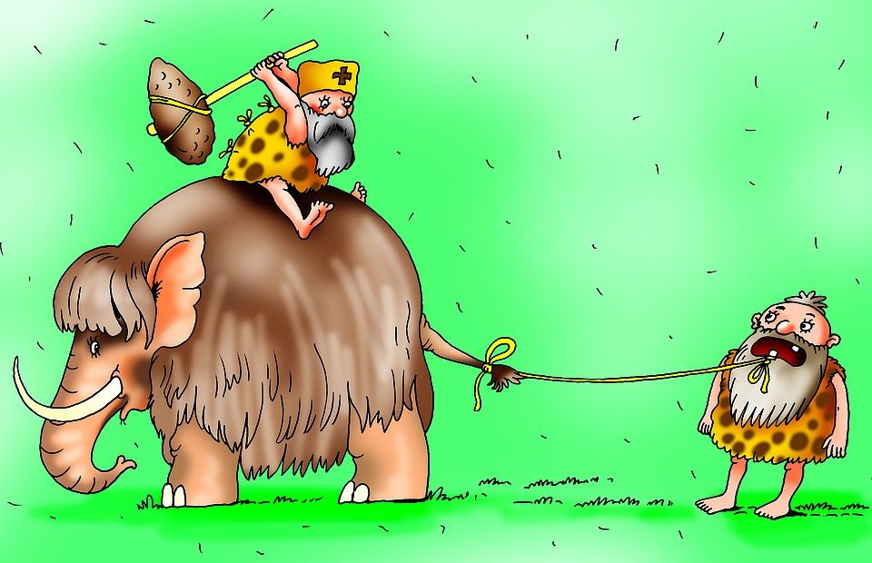 Карикатура: мамонт несёт пещерного человека, на спине сидит ещё один герой, вокруг зелёный фон