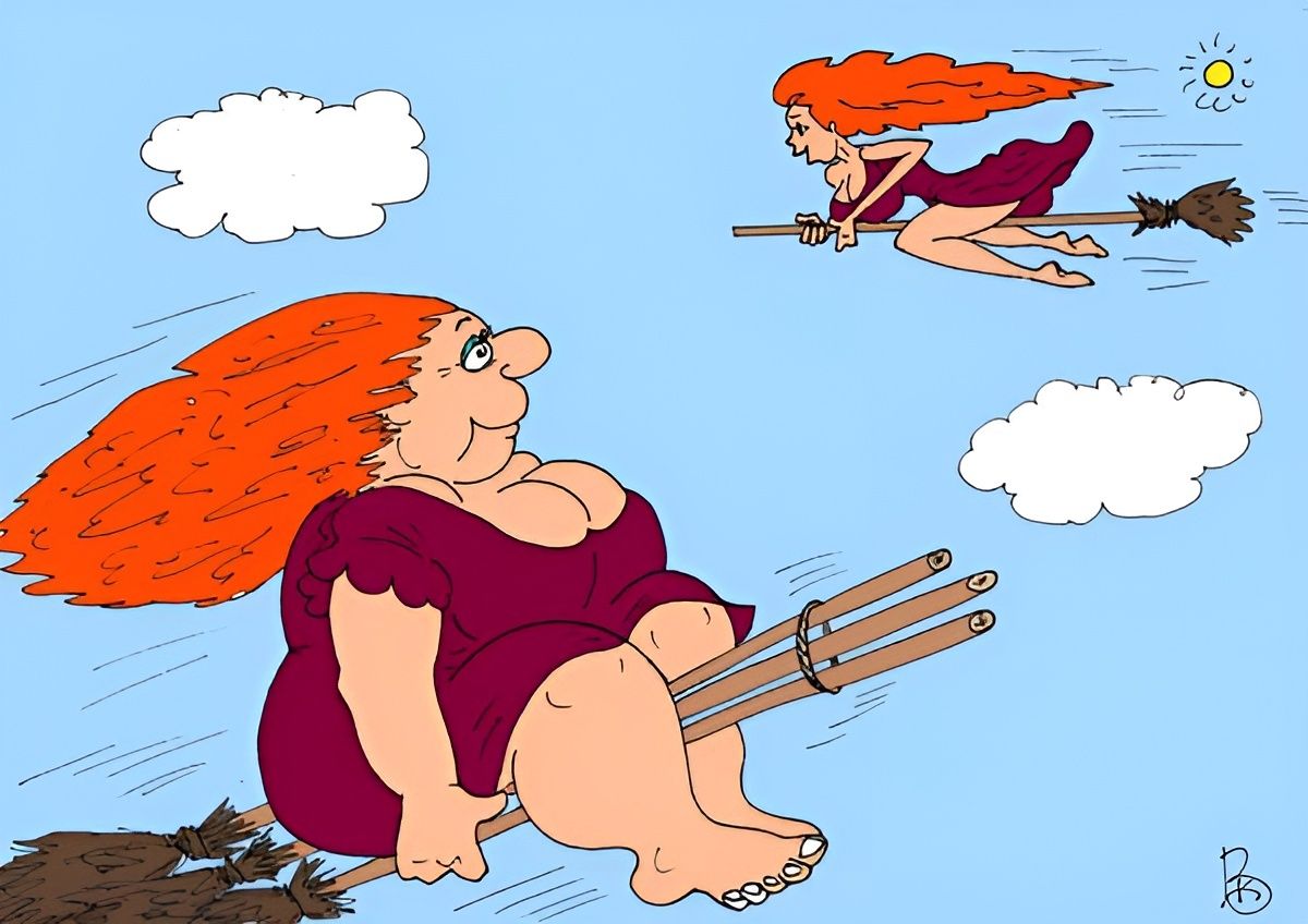 Карикатура: большая женщина вкупе с летающей на метле молодой женщиной; присутствует частичная нагота.