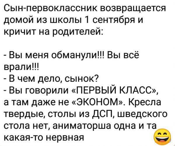 Сын первоклассник возвращается домой из школы 1 сентября и кричит на родителей Вы меня обманули Вы всё врали В чем дело сынок Вы говорили ПЕРВЫЙ КЛАСС а там даже не ЭКОНОМ Кресла твердые столы из ДСП шведского стола нет аниматорша одна и та какая то нервная е