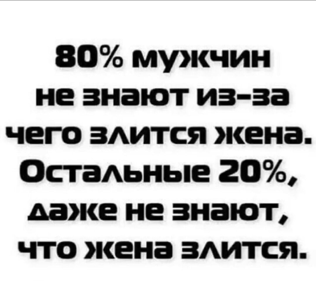 80 мужчин не знают из за чего злится жена Остальные 20 лаже не знают что жена влится