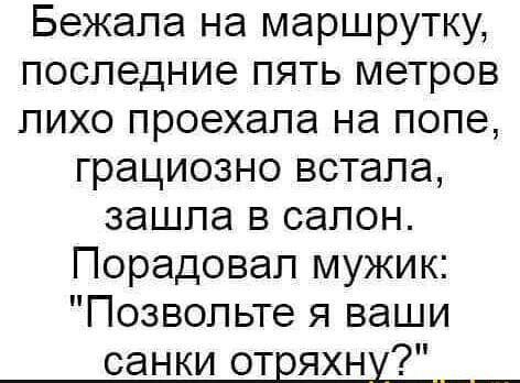Бежала на маршрутку последние пять метров лихо проехала на попе грациозно встала зашла в салон Порадовал мужик Позвольте я ваши санки отряхну
