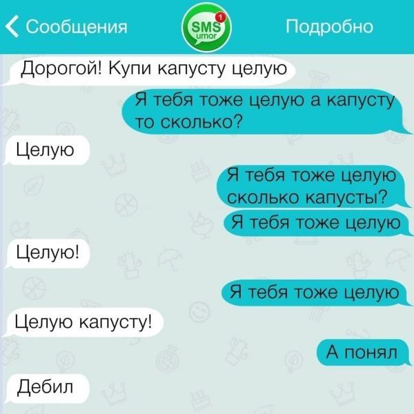 Дорогой Купи капуу целую Я тебя тоже целую а капусту то сколько Целую Я тебя тоже целую сколько капусты _ Я тебя тоже целую Целую Я тебя тоже целую Целую капусту А понял Дебил