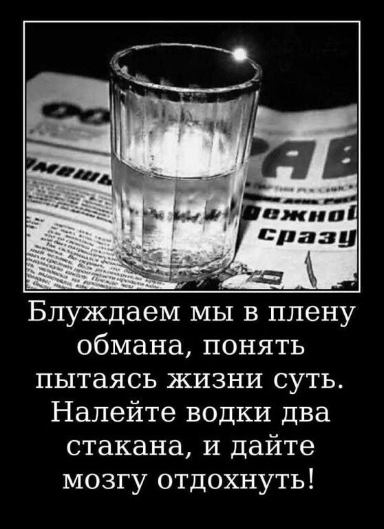Блуждаем мы в плену обмана, пытаясь жизнь понять суть. Налейте водки два стакана, и дайте мозгу отдохнуть!