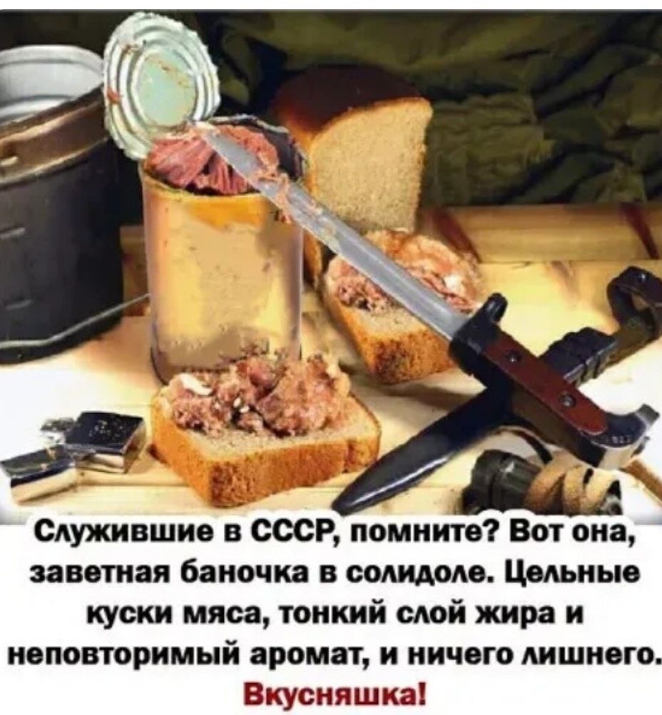 Служившие в СССР, помните? Вот она, заветная баночка в солидоле. Целые куски мяса, тонкий слой жира и неповторимый аромат, и ничего лишнего. Вкусняшка!