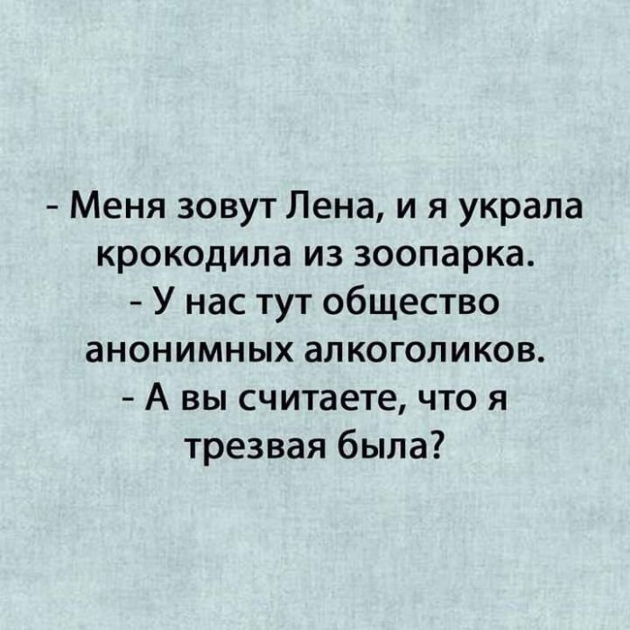 Меня зовут Лена и я украла крокодила из зоопарка У нас тут общество анонимных алкоголиков А вы считаете что я трезвая была