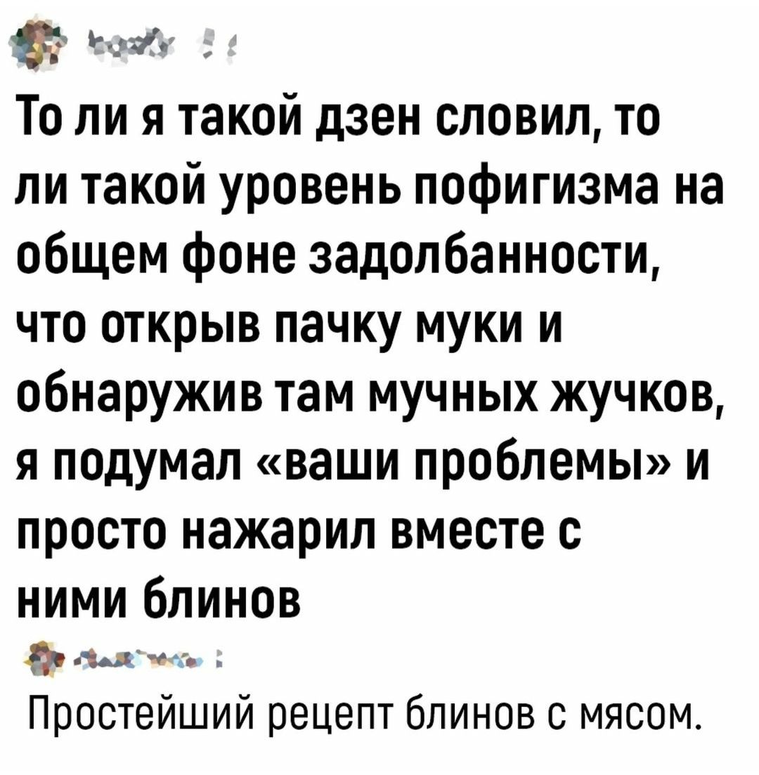 оу То ли я такой дзен словил то ли такой уровень пофигизма на общем фоне задолбанности что открыв пачку муки и обнаружив там мучных жучков я подумал ваши проблемы и просто нажарил вместе с ними блинов фр пнятесь Простейший рецепт блинов с мясом