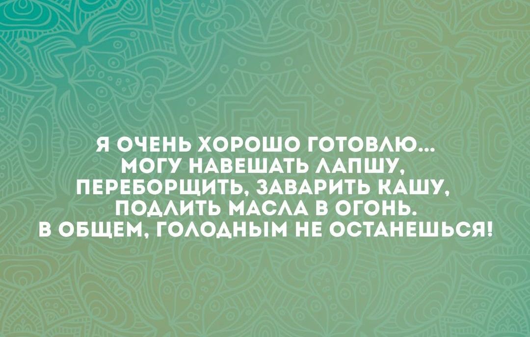 Я ОЧЕНЬ ХОРОШО ГОТОВЛЮ МОГУ НАВЕШАТЬ ЛАПШУ ПЕРЕБОРЩИТЬ ЗАВАРИТЬ КАШУ ПОДЛИТЬ МАСЛА В ОГОНЬ В ОБЩЕМ ГОЛОДНЫМ НЕ ОСТАНЕШЬСЯ