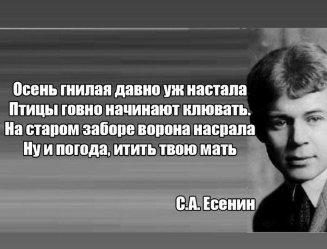 Осень гнилая давно уж настала Птицы говно начинают клювать На старом заборе вопона насрала Нуии погода итить твою мать